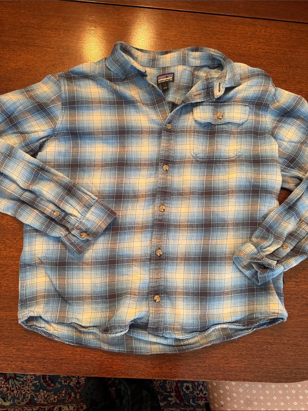 Patagonia Light Blue and Cream Plaid Button-Down Shirt